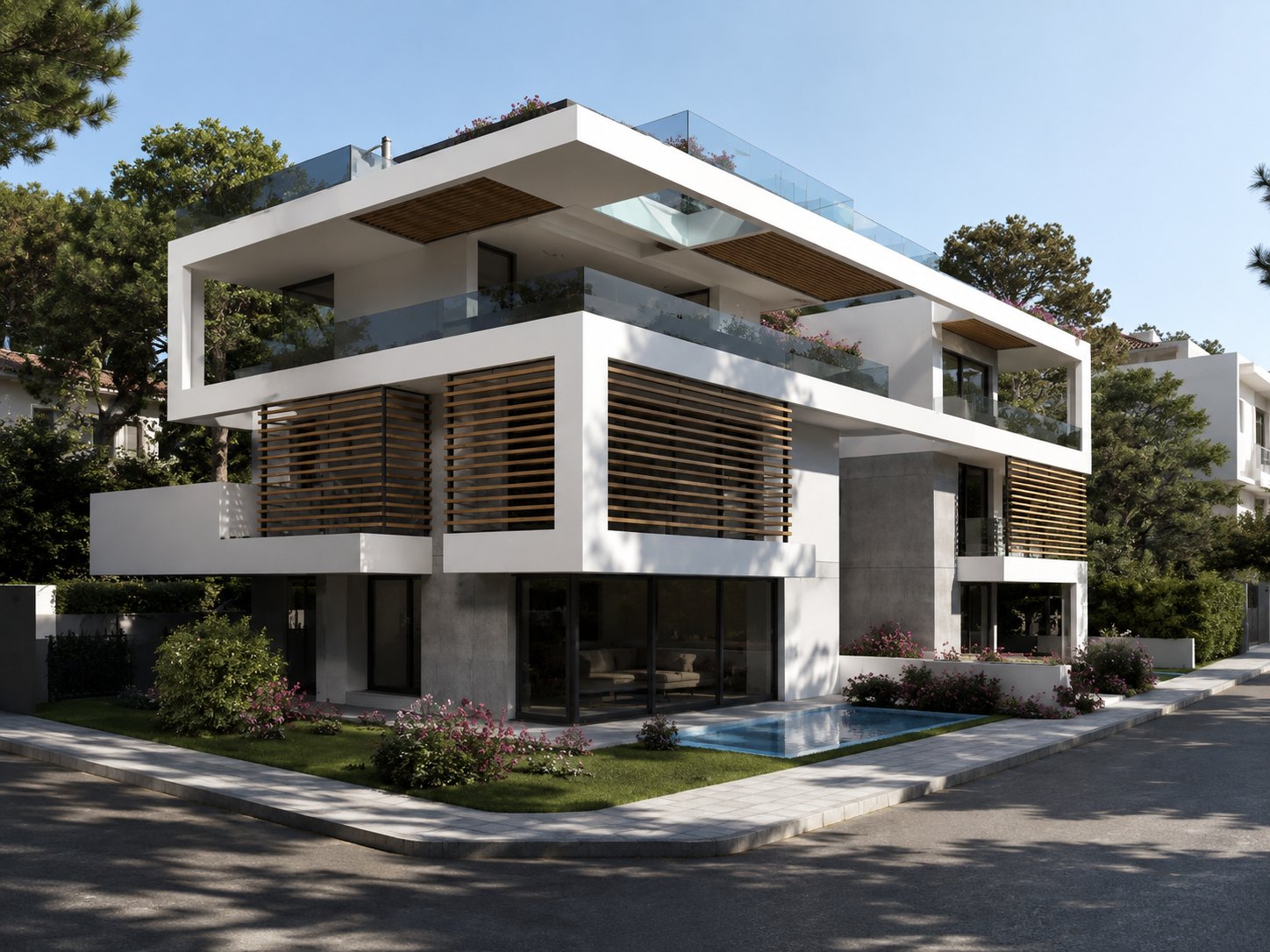 Residential development with pools and green facade, render — AKPRAXIS