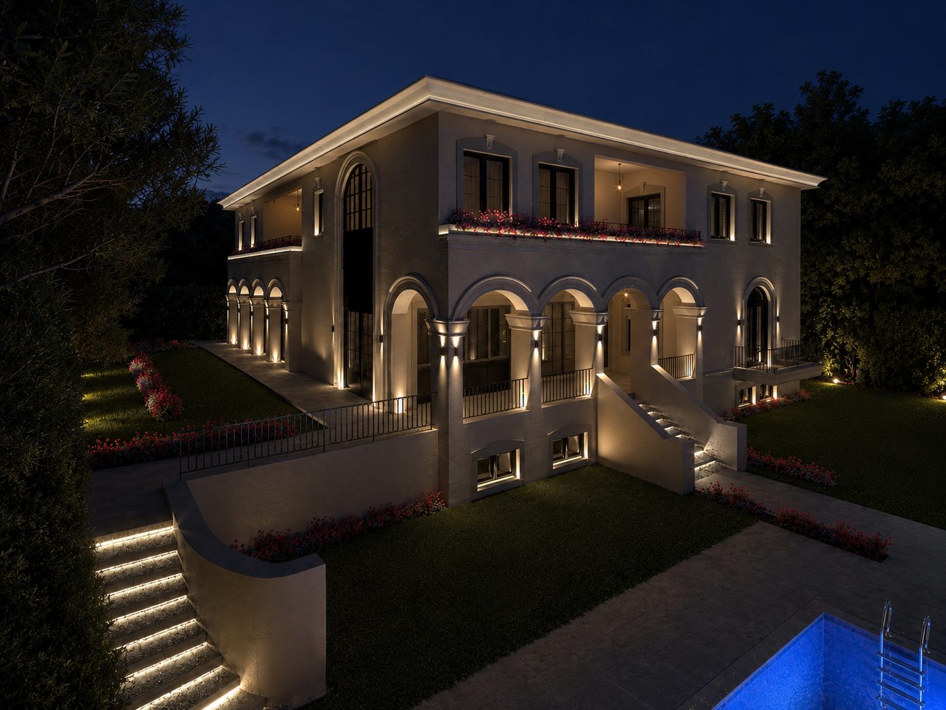 Neoclassical villa residence at night, Athens — AKPRAXIS