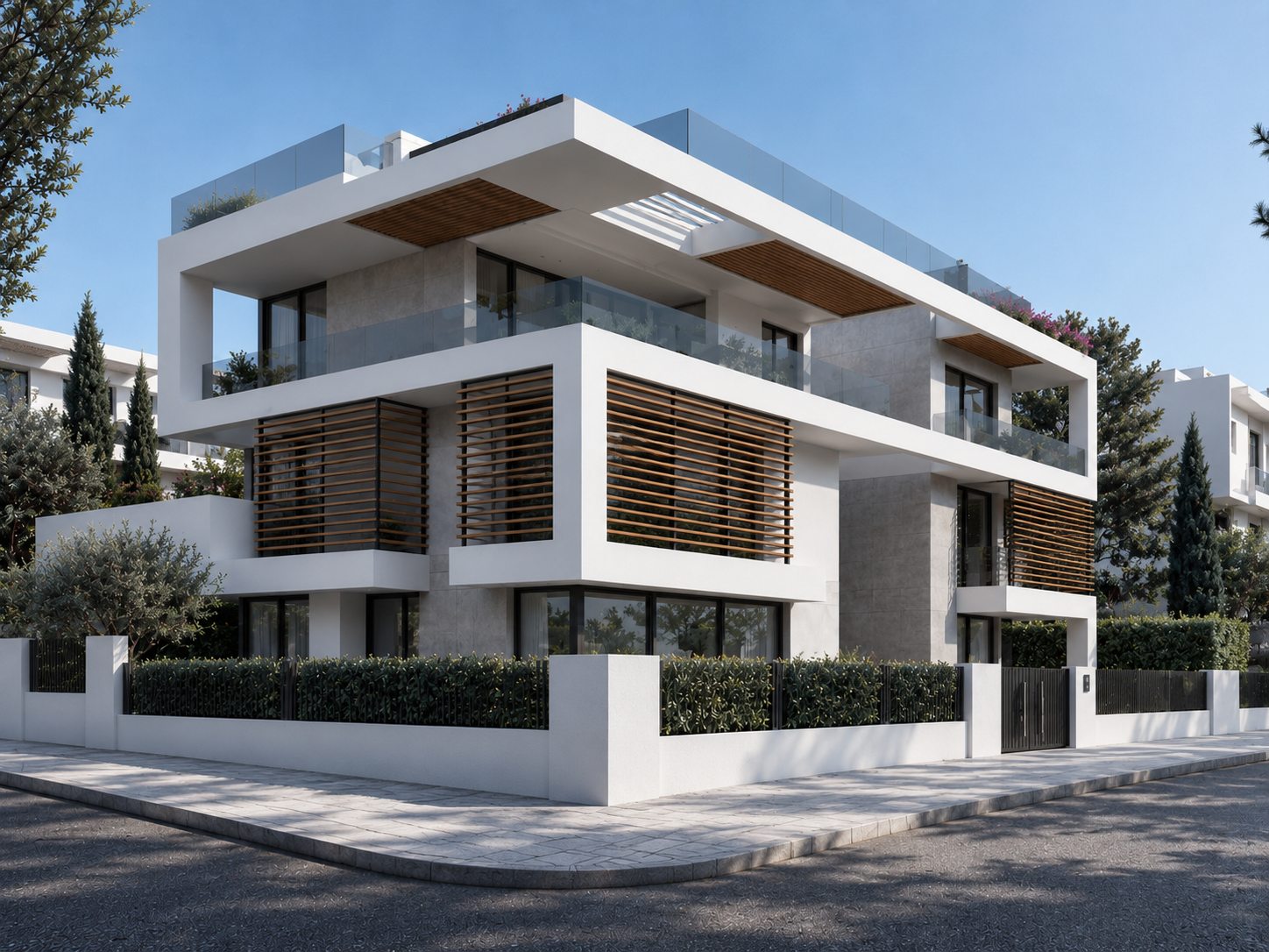 Residential development with pools and green facade, render — AKPRAXIS